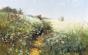 Ivan Ivanovich Shishkin Painting - a woman under an umbrella on a flowering meadow 1881 classical landscape Ivan Ivanovich